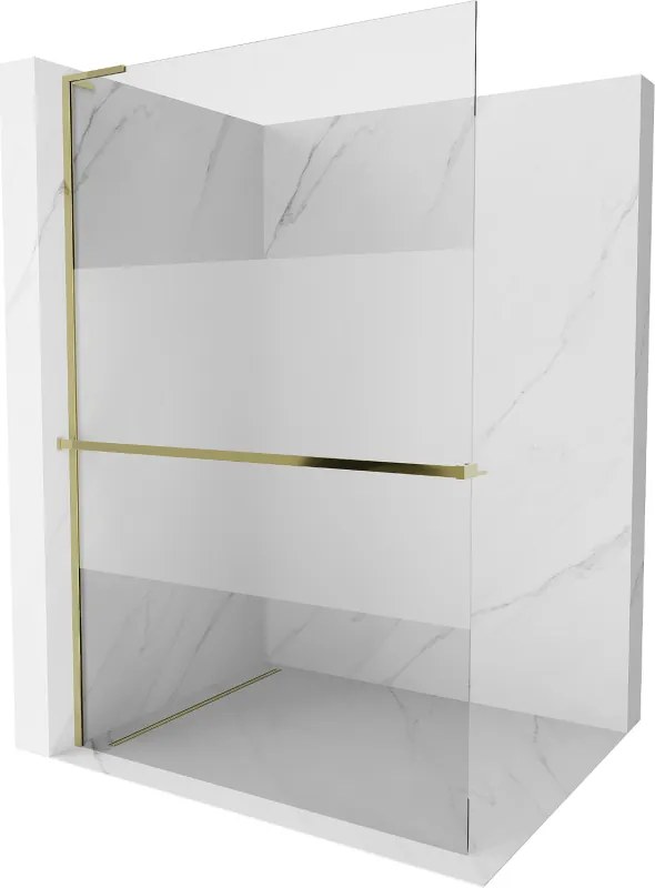 Mexen Kioto+ L, sprchová zástena Walk-In s poličkou a vešiakom 100 x 200 cm, 8mm číre sklo-námraza, zlatý lesklý profil,800-100-123-50-35