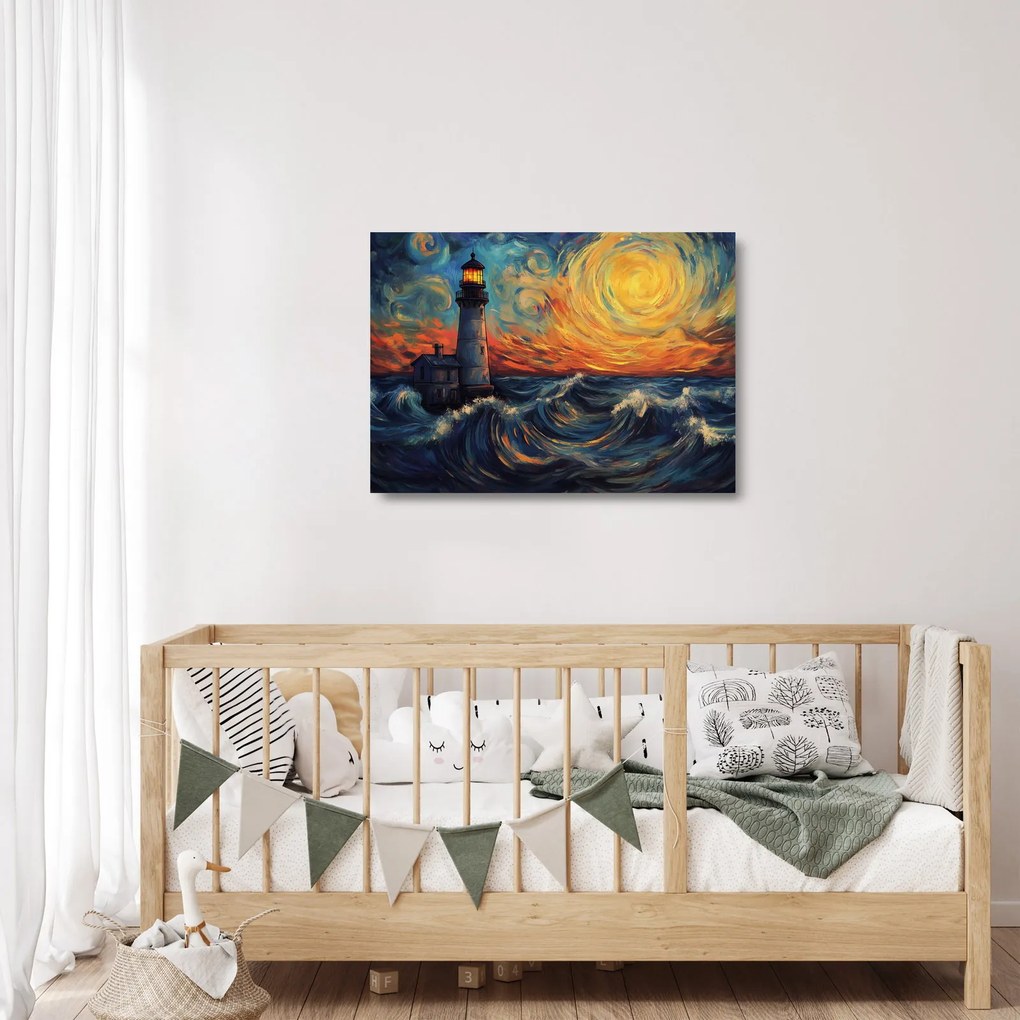 Sklenený obraz - Maják vo vlnách (70x50 cm)