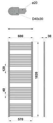 Kúpeľňový radiátor Rotheigner BASIC 1820 x 600 mm matne čierny prípojka po oboch stranách dole