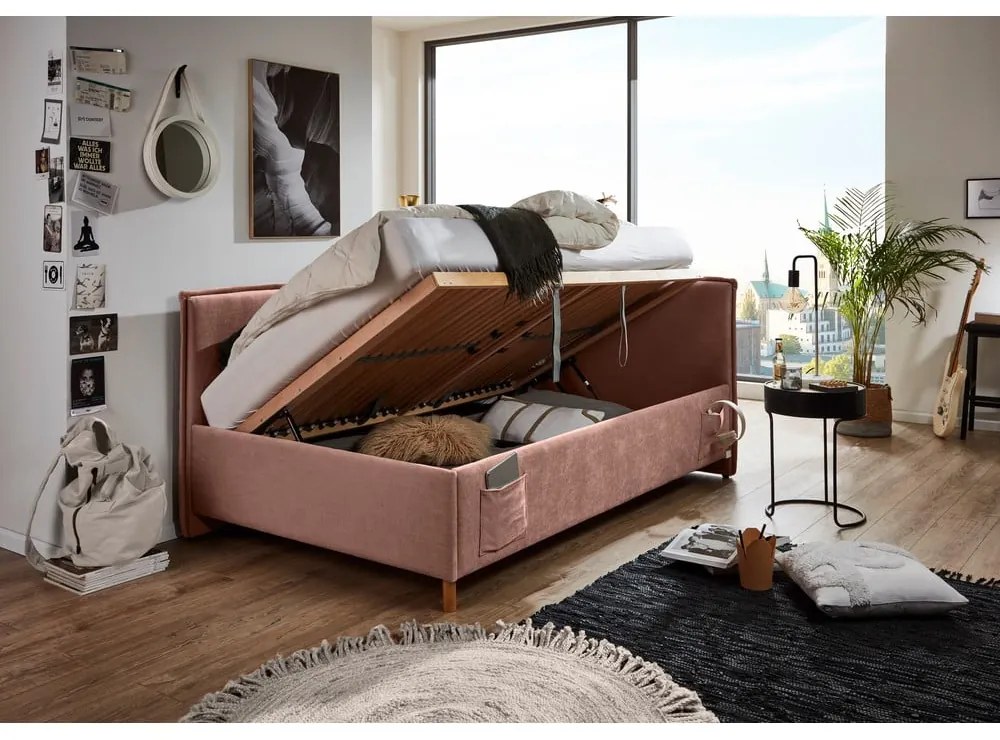 Ružová čalúnená rohová detská posteľ s úložným priestorom s roštom 140x200 cm Fun – Meise Möbel