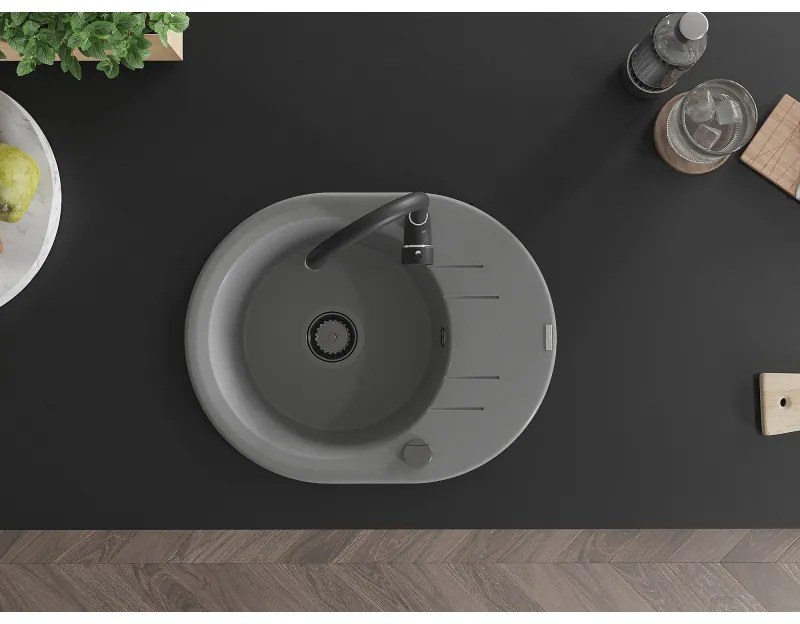 Mexen Kevin, drez granitový 586x458x190 mm, 1-komorový a šedá matná batéria Telma, šedá, 6517-71-670200-70-B