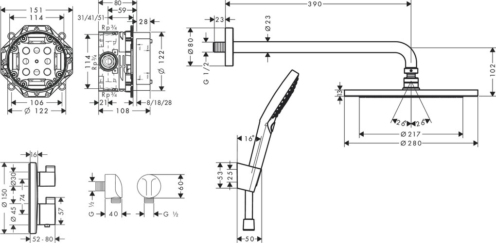 Hansgrohe Croma, sprchový systém 280 1jet s termostatom Ecostat S, matná čierna, HAN-27961670