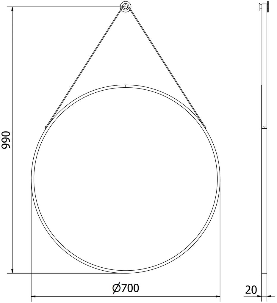 Mexen String, okrúhle kúpeľňové zrkadlo na pásiku 70 cm, farba rámu čierna matná, 9854-070-070-000-70