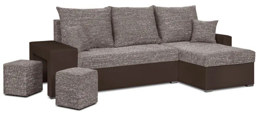 MEGA AKCE Rozkládací rohová sedací souprava HUBI + 2 Taburety Hnědá/Světle hnědá