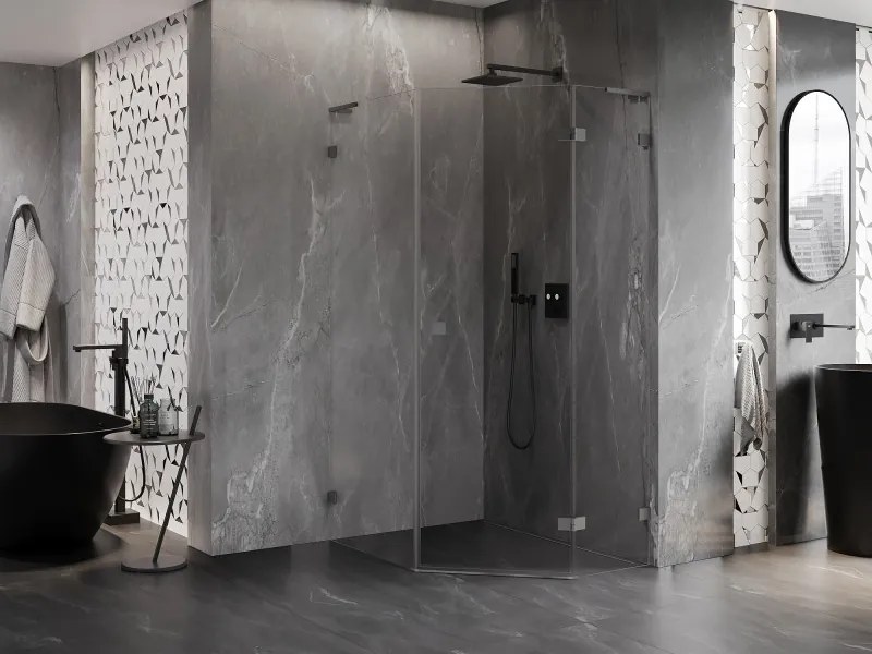 Mexen Lunar, L výklopný päťuholníkový sprchový kút pravý 90 x 100 cm, 8mm číre sklo, grafitový profil, 831L-090P-100L-95-00-P