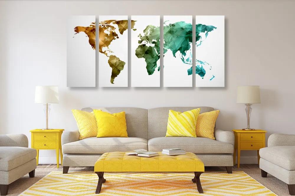 5-dielny obraz pestrofarebná mapa sveta tvorená polygónmi