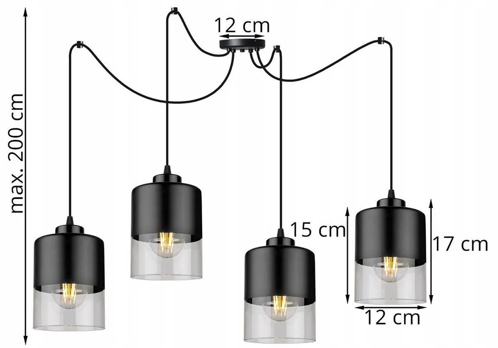 Závesné svietidlo Roma spider, 4x čierne/transparentné sklenené tienidlo