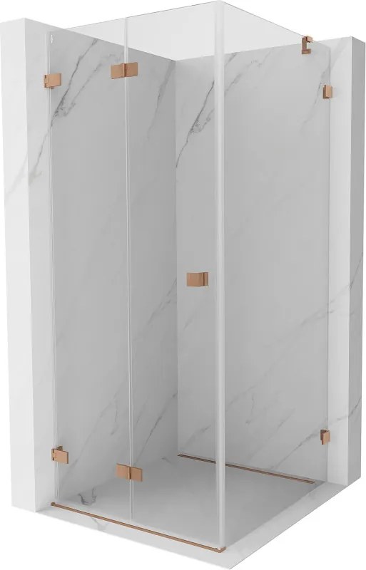 Mexen Lunar-F, 1-krídlový sprchový kút so skladacími dverami, ľavý, 90 x 90 cm, 8mm číre sklo, medený profil, 836-090-090-65-00-L