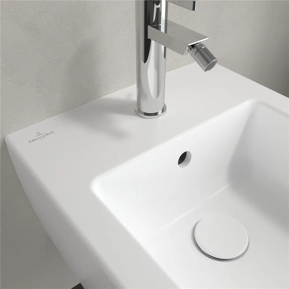 VILLEROY &amp; BOCH Memento 2.0 závesný bidet s otvorom, s prepadom, 375 x 560 mm, Stone White, s povrchom CeramicPlus, 443300RW