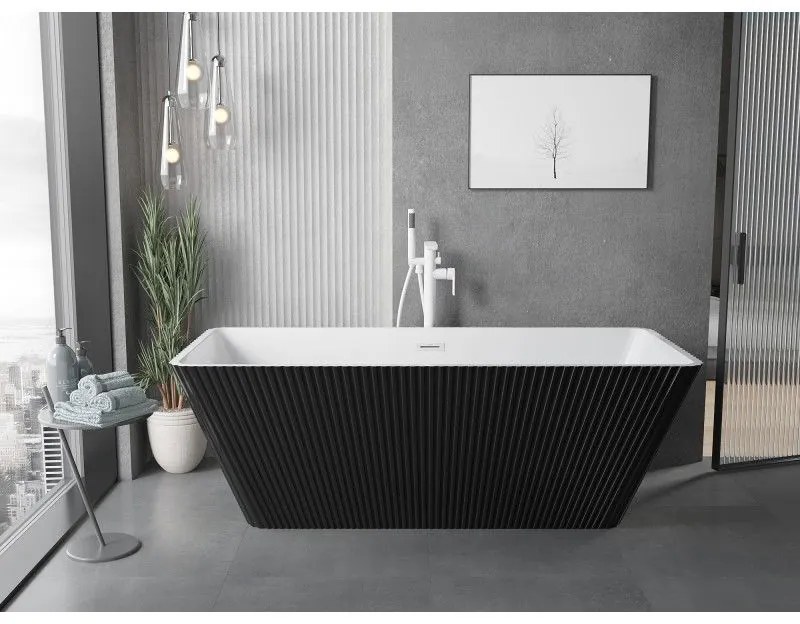 Mexen Tava, voľne stojaca ryhovaná vaňa 170 x 75 cm, biela-čierna, biely prepad, 52851707575-20