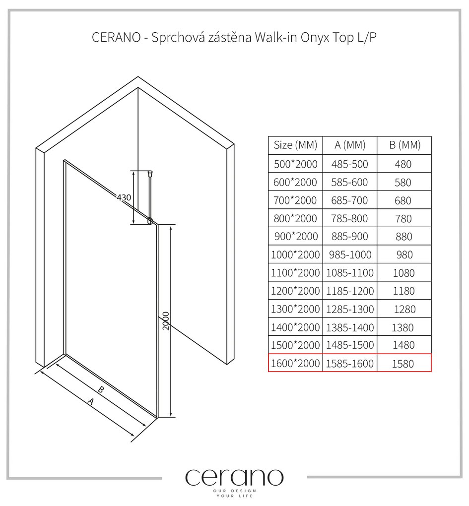 CERANO - Sprchová zástena Walk-in Onyx Top L/P - guľatá vzpera - biela matná, grafitové sklo - 160x200 cm, CER-CER-8050BD1445