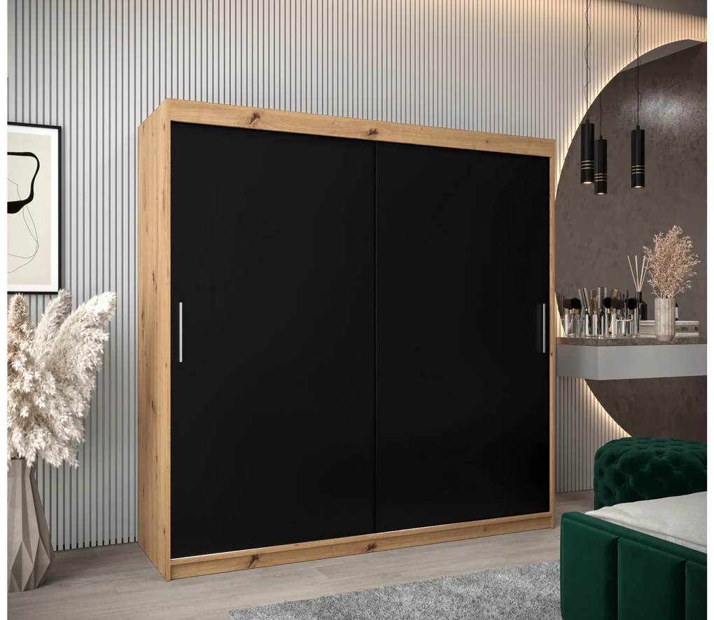 Šatníková skriňa 200 cm Toki (Dub artisan + Čierna matná). Akcia -51%. Vlastná spoľahlivá doprava až k Vám domov. 1064854