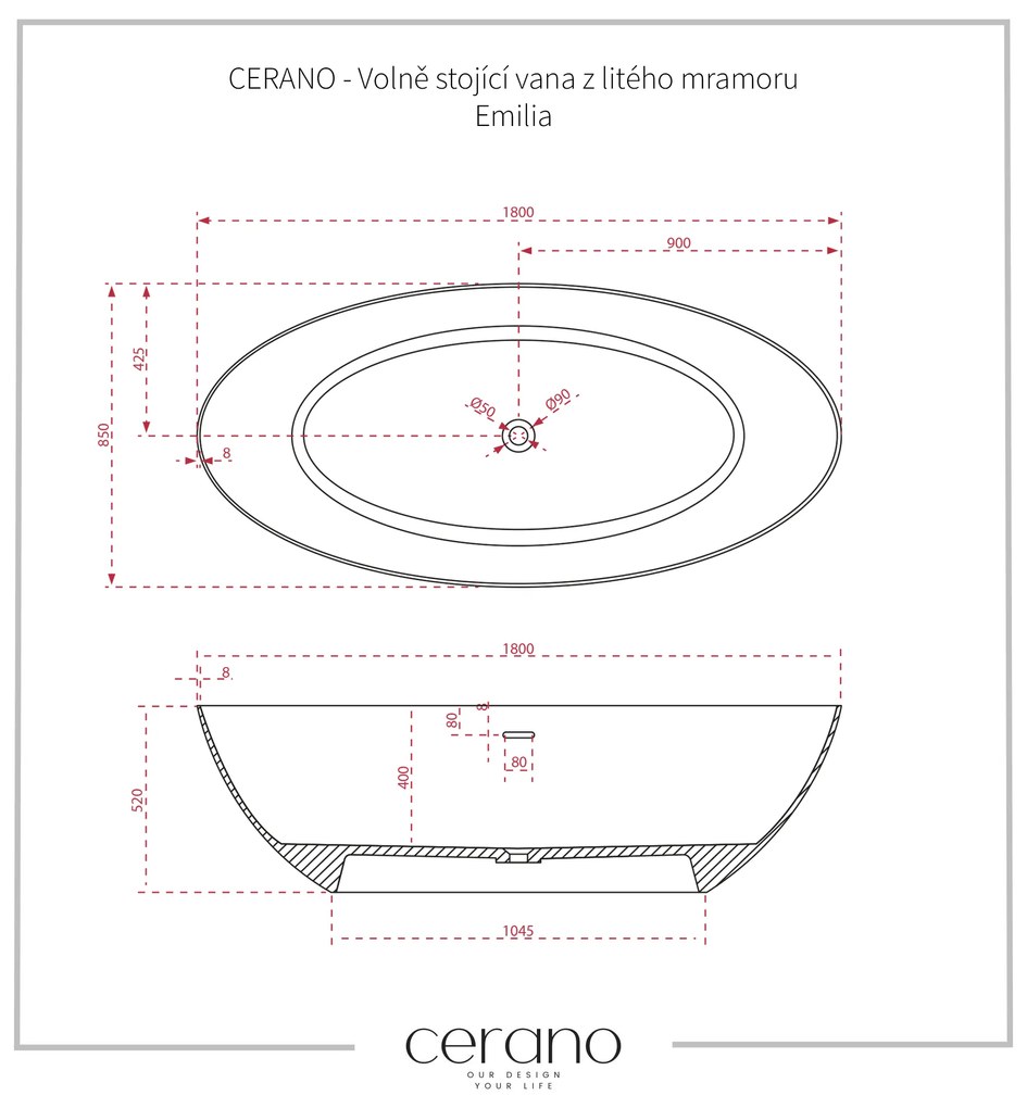 Cerano Emilia, voľne stojaca vaňa z liateho mramoru 180x85cm, čierna matná, CER-CER-417539
