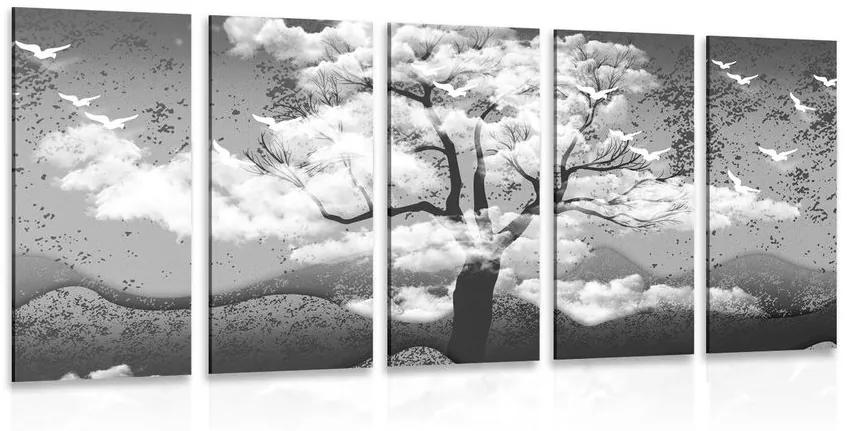 5-dielny obraz čiernobiely strom zaliaty oblakmi - 200x100