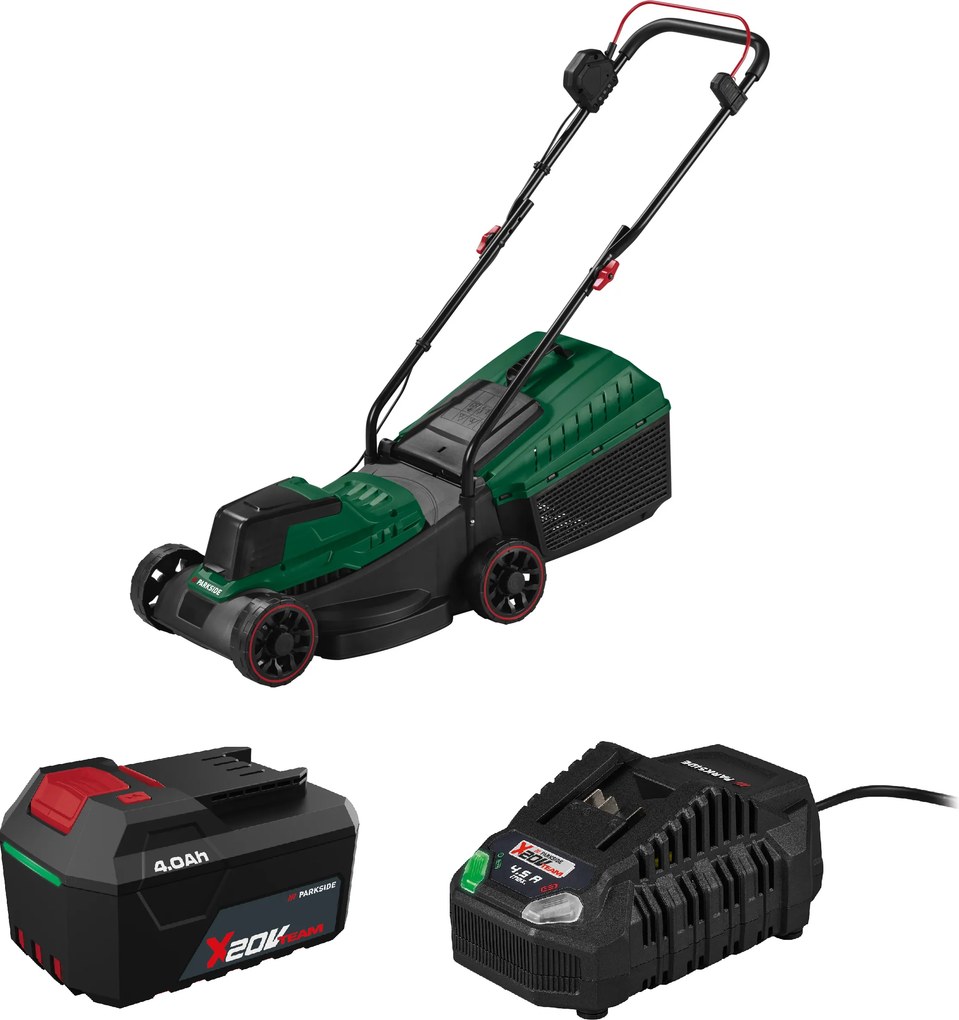 Parkside® Aku kosačka na trávu 20 V Parm 20 A1 + Akumulátor 20 V/4 Ah + Rýchlonabíjačka akumulátora 20 V/4,5 A (800012835)