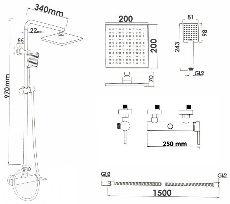 Sprchová súprava KIT - čierna - hlavica 20x20 cm