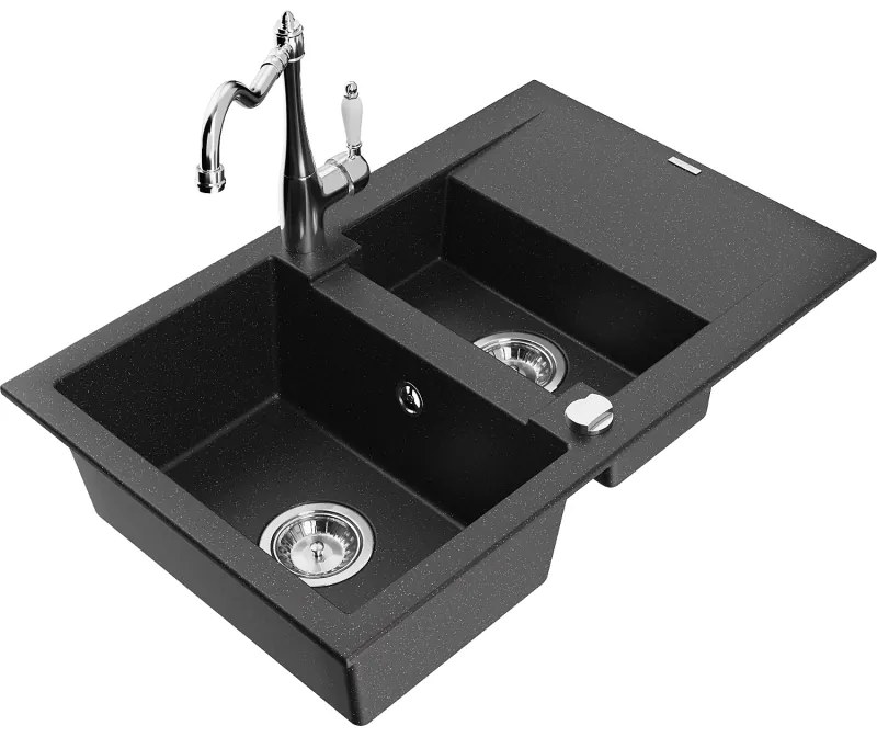 Mexen Gaspar, granitový drez 752x436x161 mm, 1,5-komorový a drezová batéria Carla, čierna-strieborná metalíza, 6507-73-670700-00