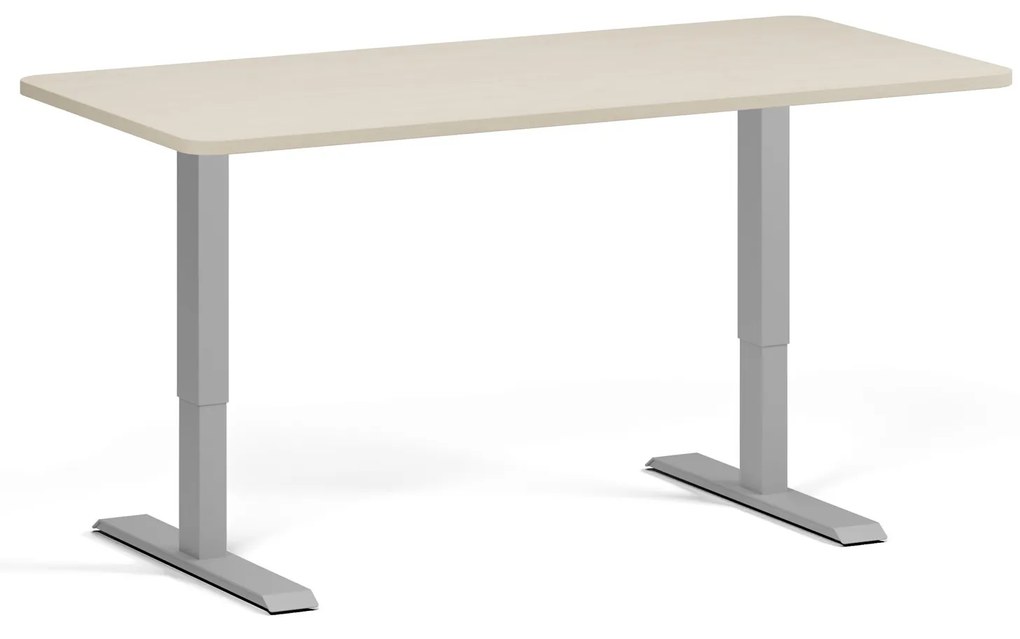Výškovo nastaviteľný stôl, 160x80 cm, 2 motory, zaoblené rohy, sivá podnož, breza