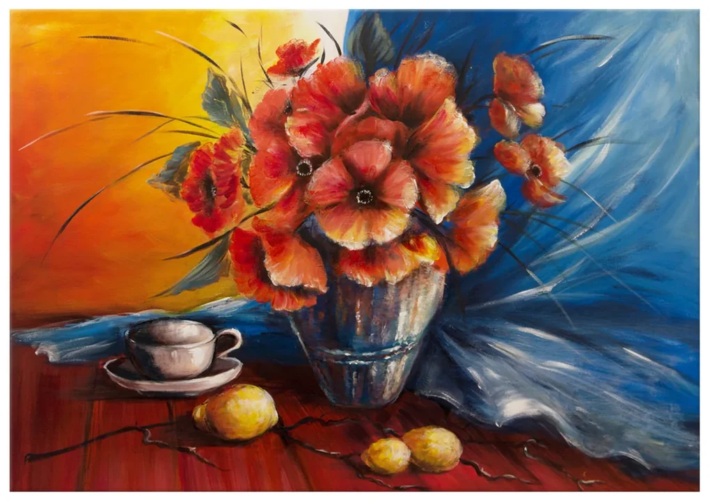 Gario Ručne maľovaný obraz Váza s vlčím makom na stole Rozmery: 120 x 80 cm