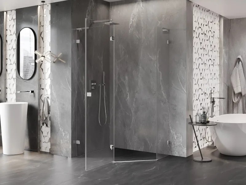 Mexen Lunar, L päťuholníkový sprchový kút naklápací doľava 100 x 80 cm, 8mm číre sklo, chrómový profil, 831L-100L-080P-01-00-L