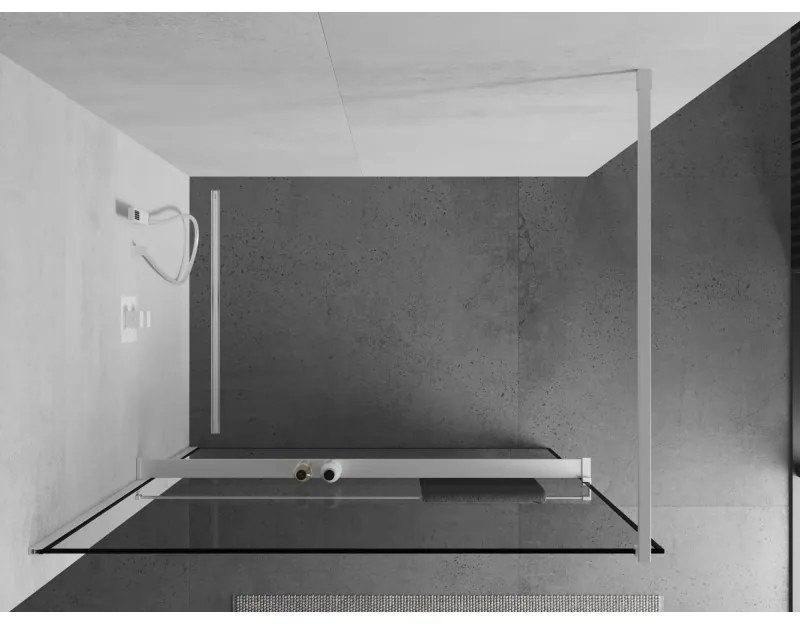 Mexen Kioto+, sprchová zástena Walk-In s poličkou a vešiakom 100 x 200 cm, 8mm číre sklo čierny vzor, biely profil, 800-100-121-20-70