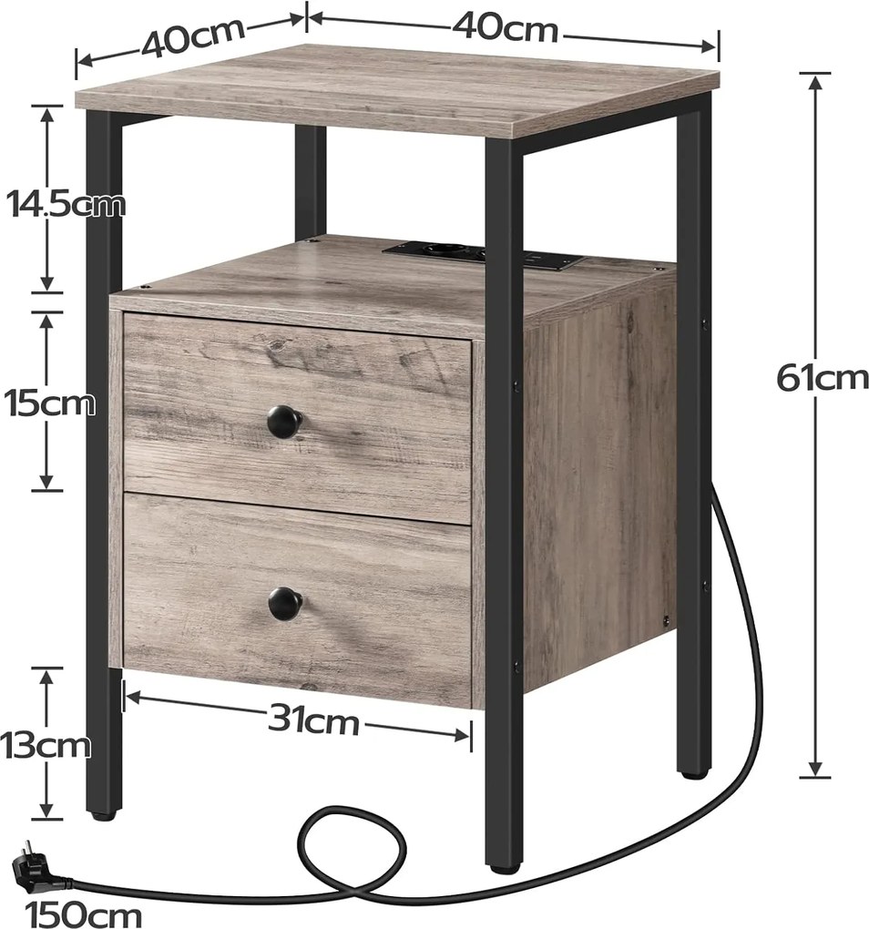 Noční stolek Vasagle Jungo 40 cm s nabíjecí stanicí šedý/černý
