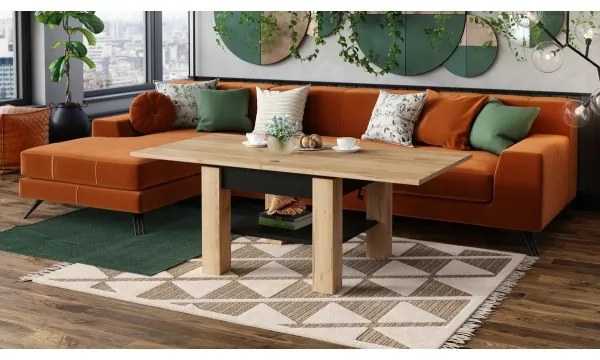 Rozkladací konferenčný/jedálenský stôl so zvíhacou doskou CALEB dub craft/čierna