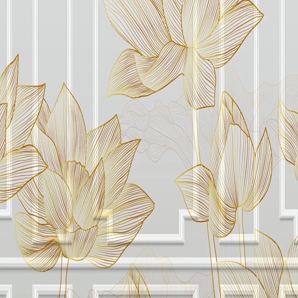 Ozdobný paraván Zlatý lotosový květ - 180x170 cm, päťdielny, klasický paraván
