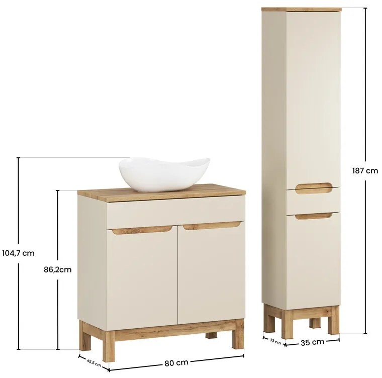 Kúpeľňová zostava Bali Casad s doskou, umývadlom a skrinkami 80 cm kašmírová/dub wotan