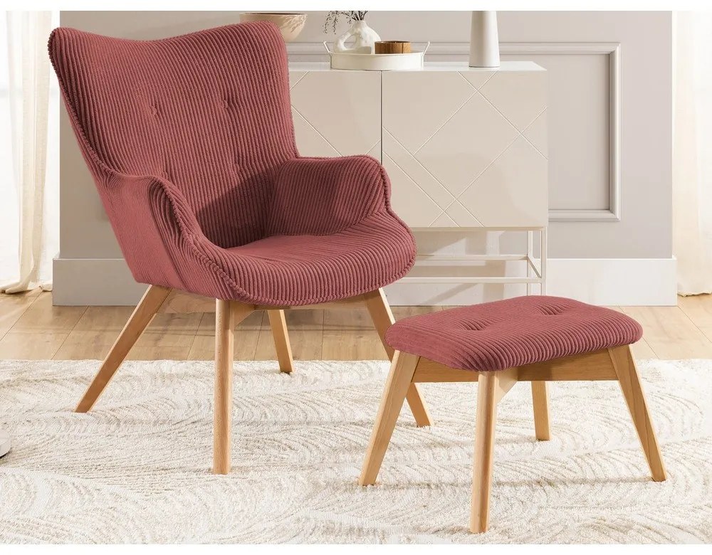 Červené menčestrové kreslo s podnožkou Niko – Ropez