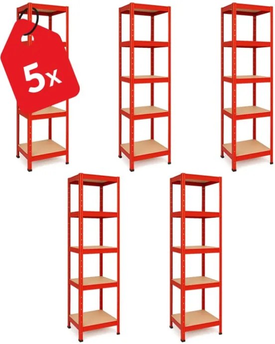 Akcia 5x Regál 180x40x40 cm lakovaný 5-policový, nosnosť 875 kg - červený