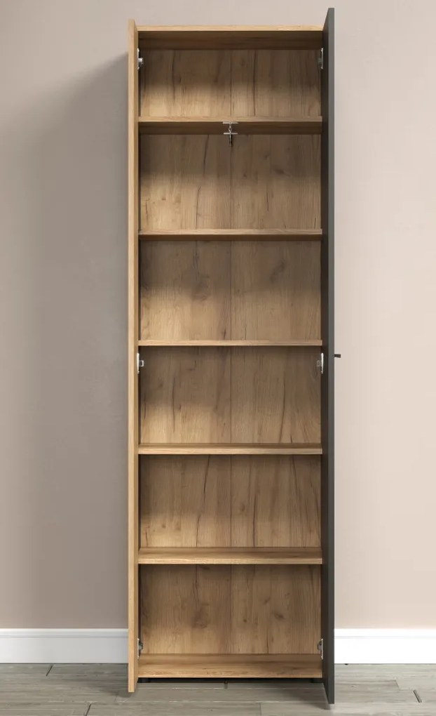 Predsieňová šatníková skriňa s policami Esteban, antracit/dub evoke