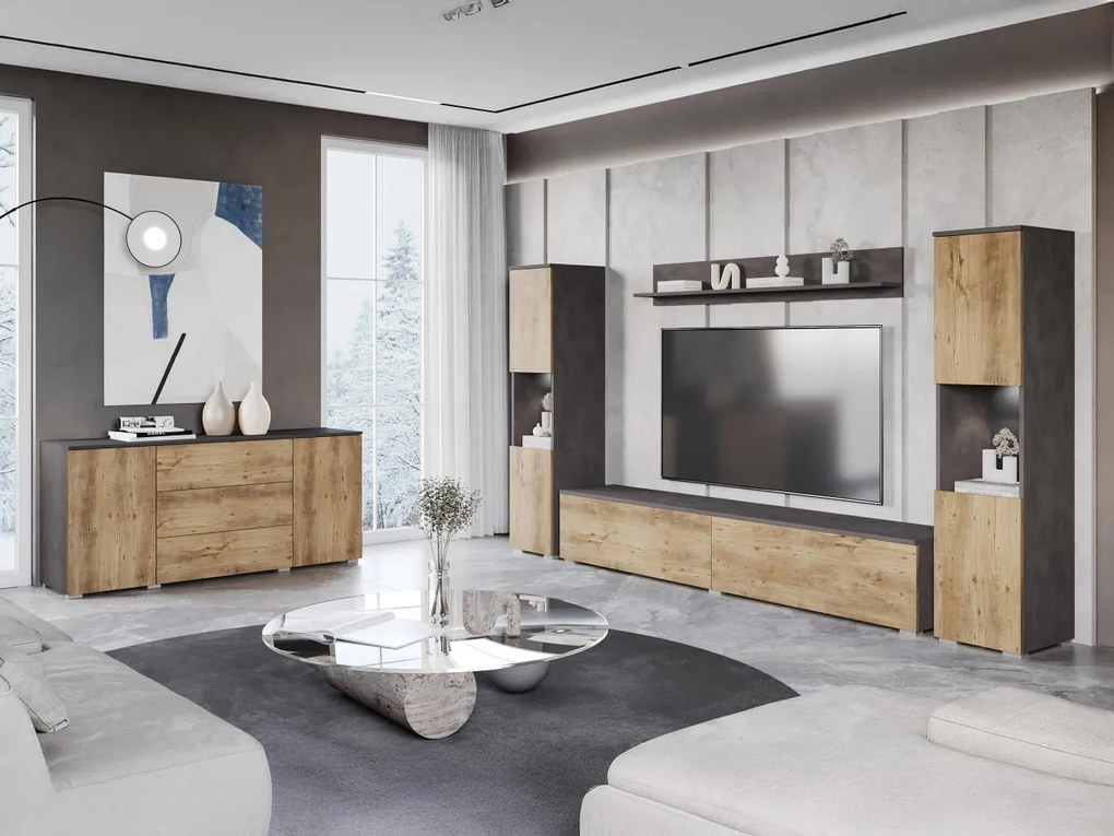 Obývačkový nábytok Bamisio II, Farby: matera / gaštan breslau, Osvetlenie: osvetlenie LED biele