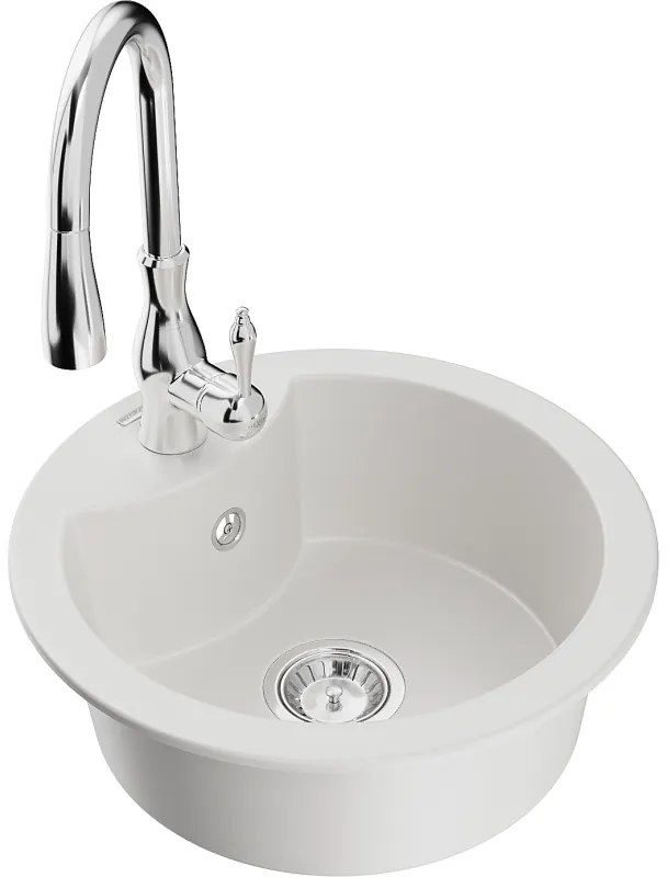 Mexen Diego, 1-komorový granitový drez 488x488x167 mm a drezová batéria Savita, biela, 6512-20-672601-00