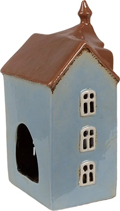 Modrý keramický svietnik na čajovú sviečku domček Amster Village - 13*9*22 cm