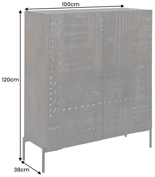 Vysoká komoda TRIBAL 120cm 3D antický vzhľad mangové drevo tmavohnedá