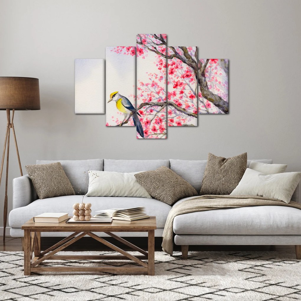 Obraz - Vtáčik na strome s červenými kvetmi (150x105 cm)