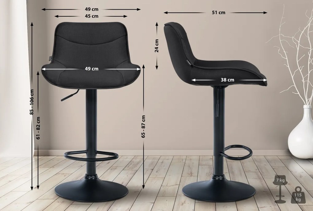 2x Barová stolička Vonore - látka, čierny rám - Čierna