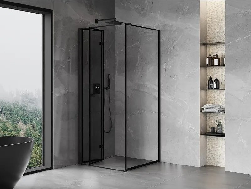 Mexen Mist-F T, 1-krídlový skladací sprchový kút ľavý 90 x 90 cm, číre sklo-čierny rám, 8A6T-090-090-70-70-L