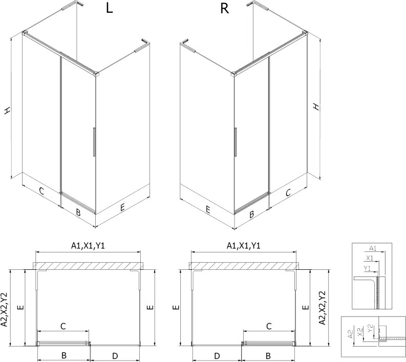 Mexen Rox-3SL, 3-stenný výsuvný sprchový kút 125 x 90 cm, číre sklo, čierny profil, 8C2L-125-090-70-00-3S