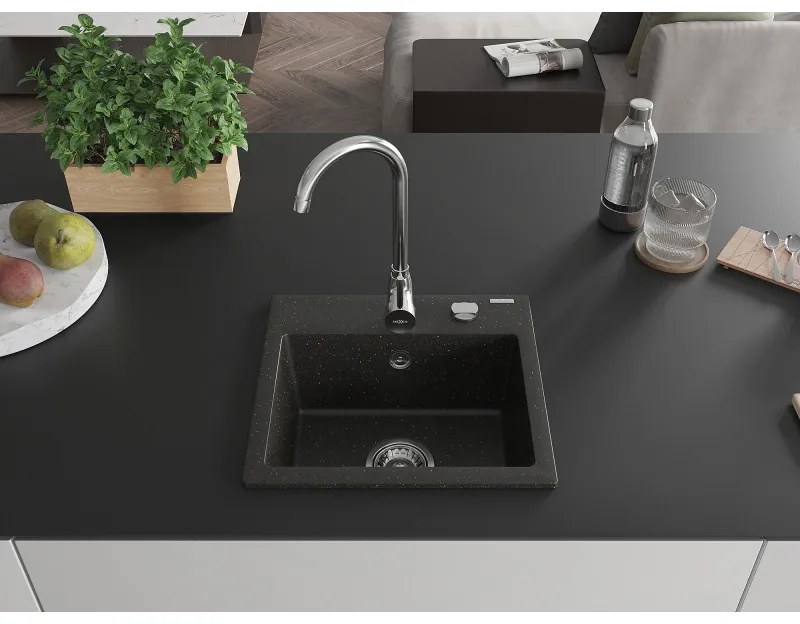 Mexen Milo, 1-komorový granitový drez 435x410x171 mm a chrómová batéria Telma, čierna-zlatá metalíza, 6505-75-670200-00
