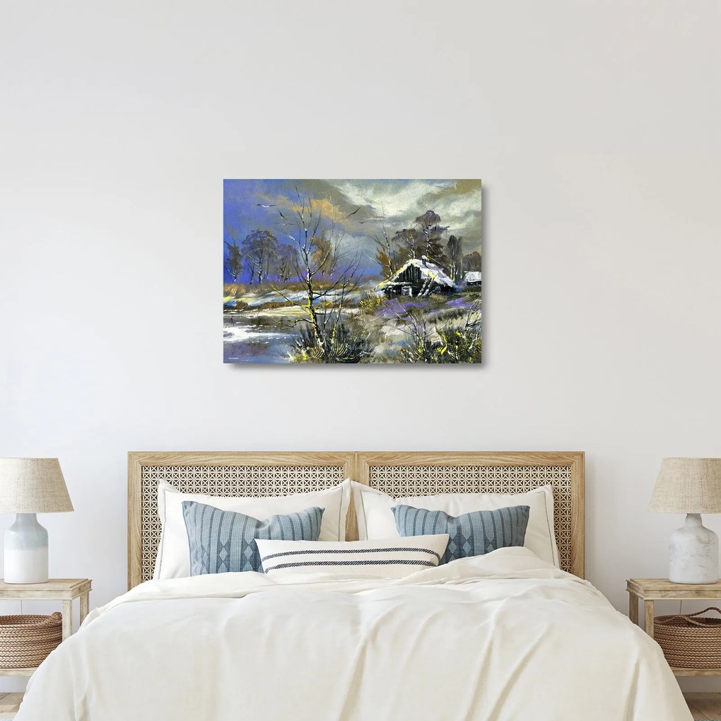 Sklenený obraz chalúpky v zimnej krajine, olejomaľba (70x50 cm)
