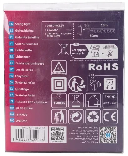 Aigostar - LED vonkajší dekoratívny svetelný reťazec 20xLED/13m IP44 studená biela