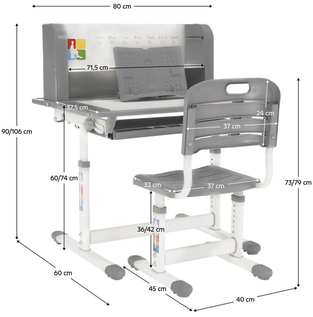 Rastúci písací stolík so stoličkou Leran - sivá / biela