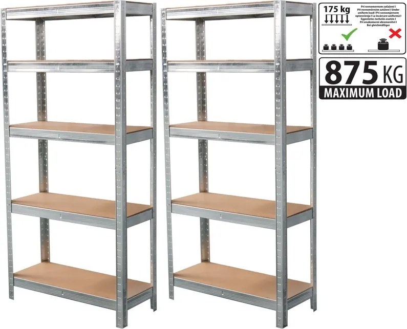 Regál Racks, kovový, MDF, 5 políc, bal. 2ks (1800 x 900 x 300 mm)