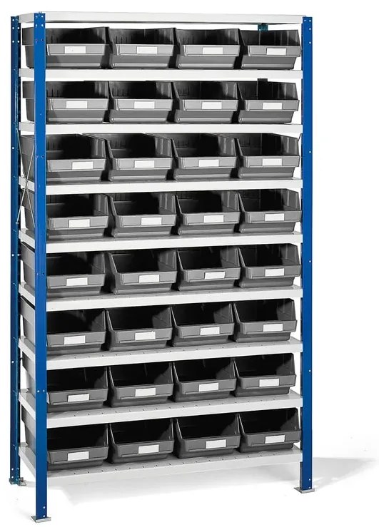 Regál MIX s 32 šedými plastovými boxami REACH, 1740x1000x400 mm