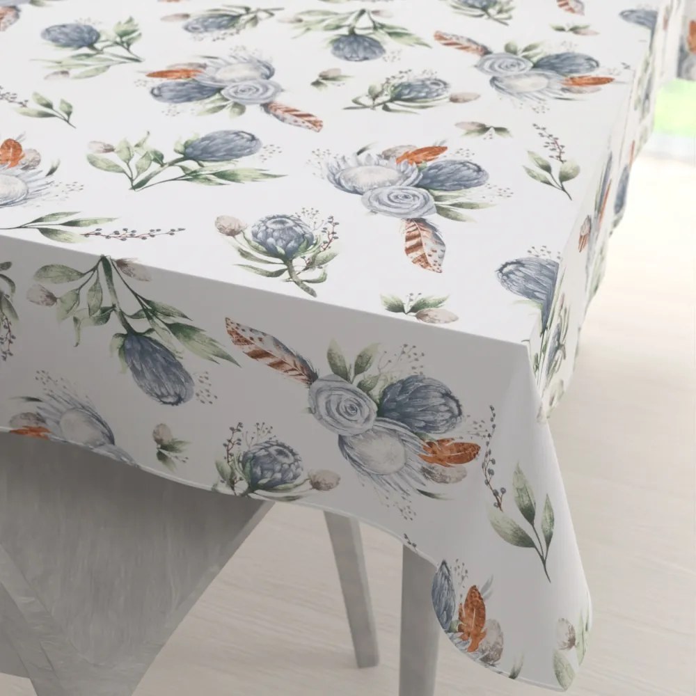 Biante Bavlnený obdĺžnikový obrus Sandra SA-707 Modré kvety Protea na bielom 120x200 cm