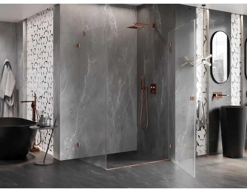 Mexen Lunar-B, pravostranný výklopný sprchový kút 90 x 80 cm, 8mm číre sklo, profil medená matná, 832-090-080-65-00-P