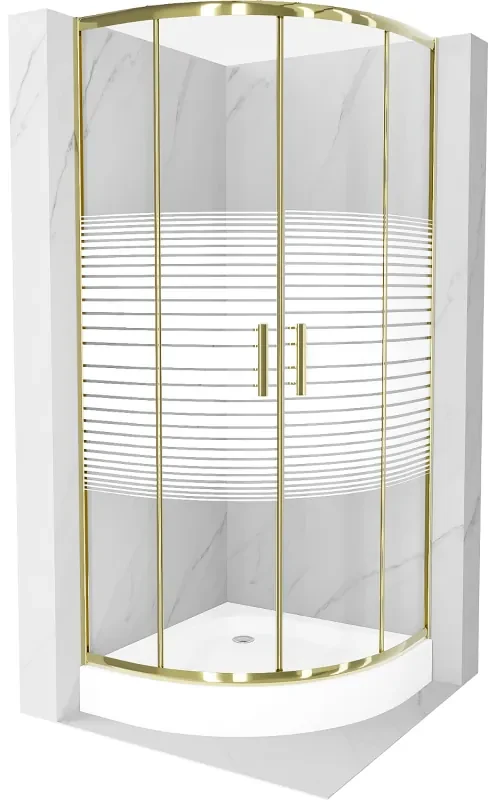 Mexen Rio, štvrťkruhový sprchovací kút s posuvnými dverami 80(dvere) x 80(dvere) x 190 cm, 6mm číre sklo s pásikmi, zlatý profil + biela sprchová vanička RIO, 863-080-080-50-20-4710
