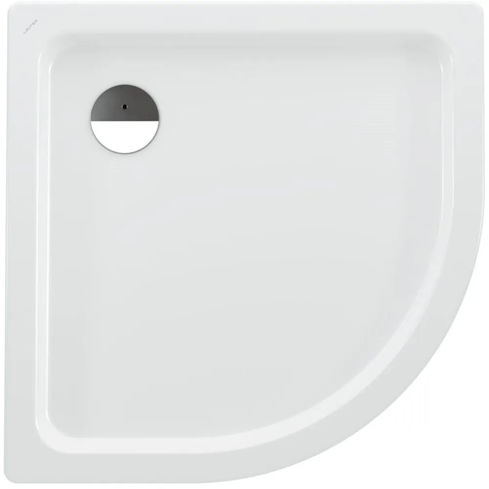 LAUFEN Platina štvrťkruhová sprchová vanička zo smaltovanej ocele, odtok v rohu, 900 x 900 x 65 mm, biela, H2150180000401